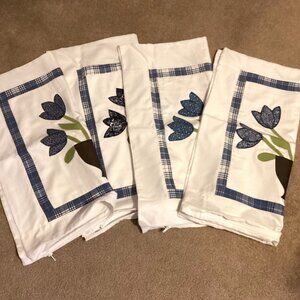 Set of 4 Big Handmade Cushion Covers Floral Applique Blue White 24" Square